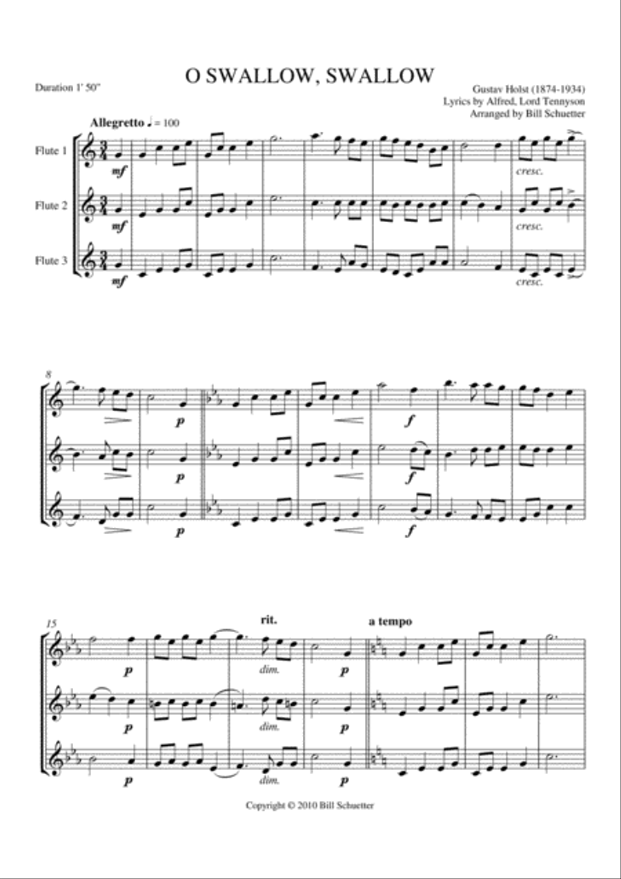 O Swallow, Swallow Flute Trio scores gallery preview page 1