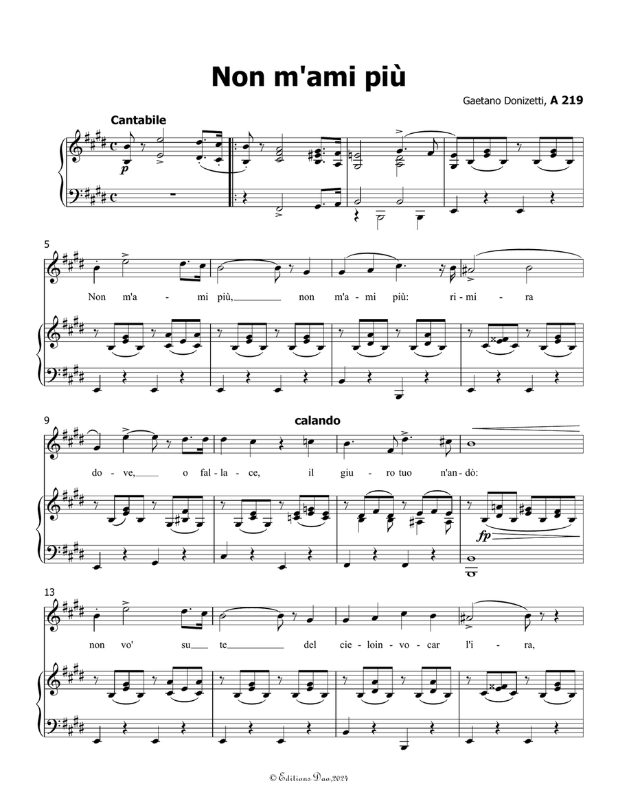 Non m'ami più, by Donizetti, in E Major Piano, Vocal scores gallery preview page 3