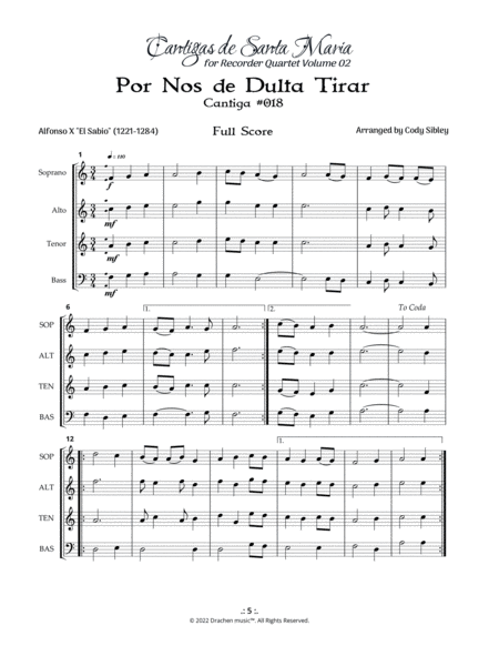 Cantigas de Santa Maria 018 Pro Nose de Dulta Tirar for Recorder Quartet image number null
