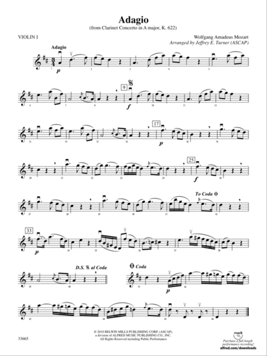 Adagio (from Clarinet Concerto in A Major, K. 622): 1st Violin String Orchestra scores gallery preview page 1