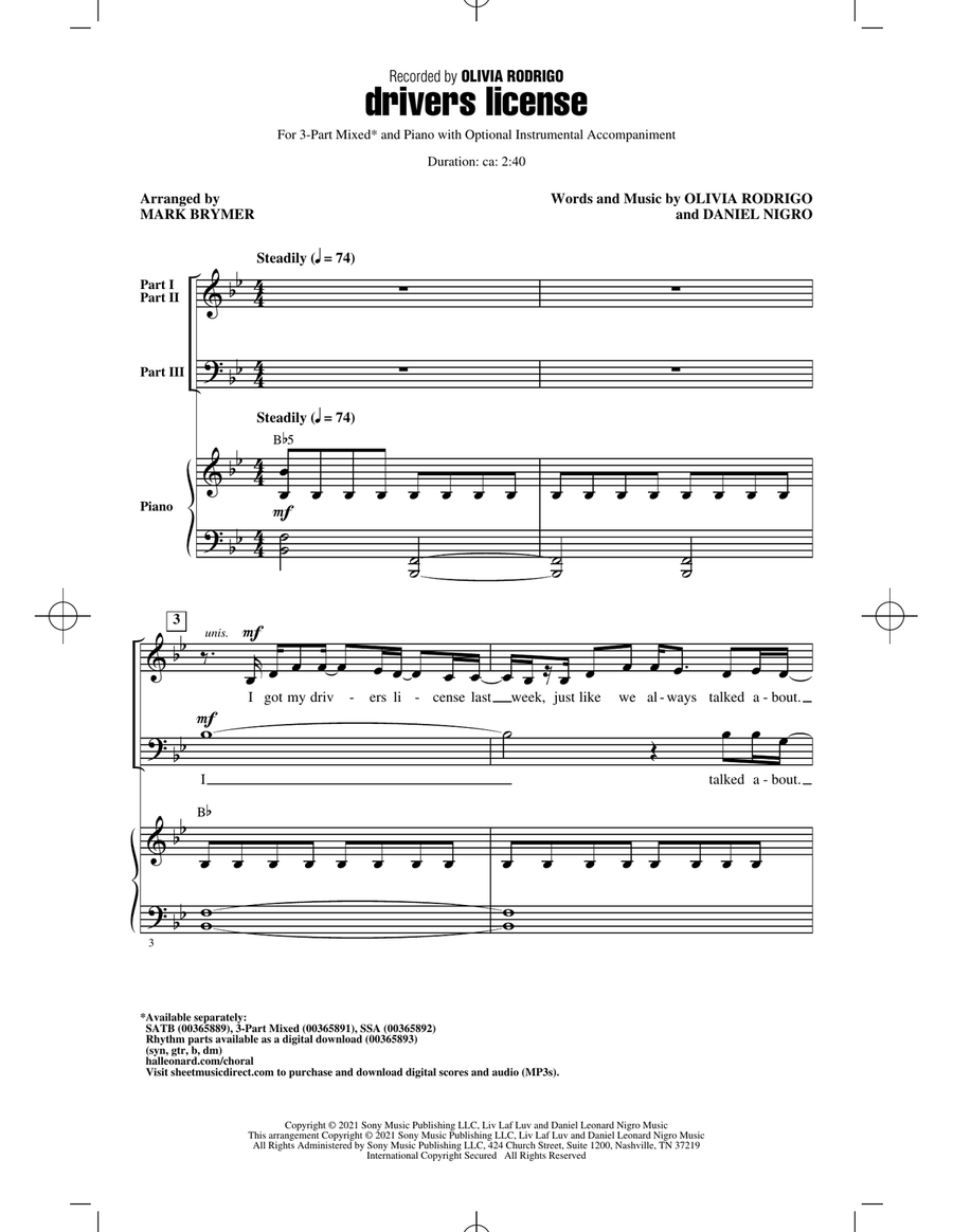 drivers license (arr. Mark Brymer) 3-Part scores gallery preview page 1