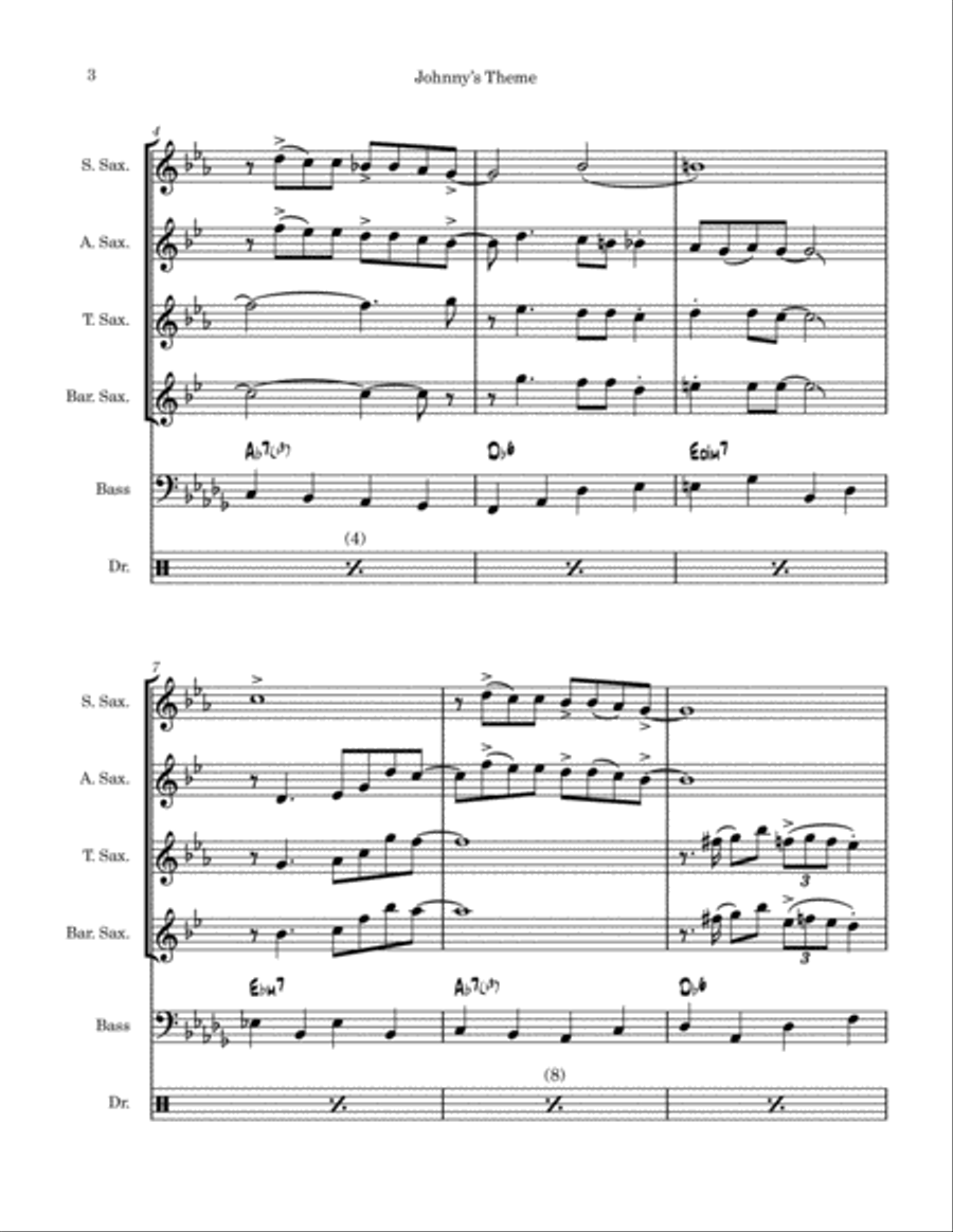 Johnny's Theme Saxophone Quartet scores gallery preview page 3