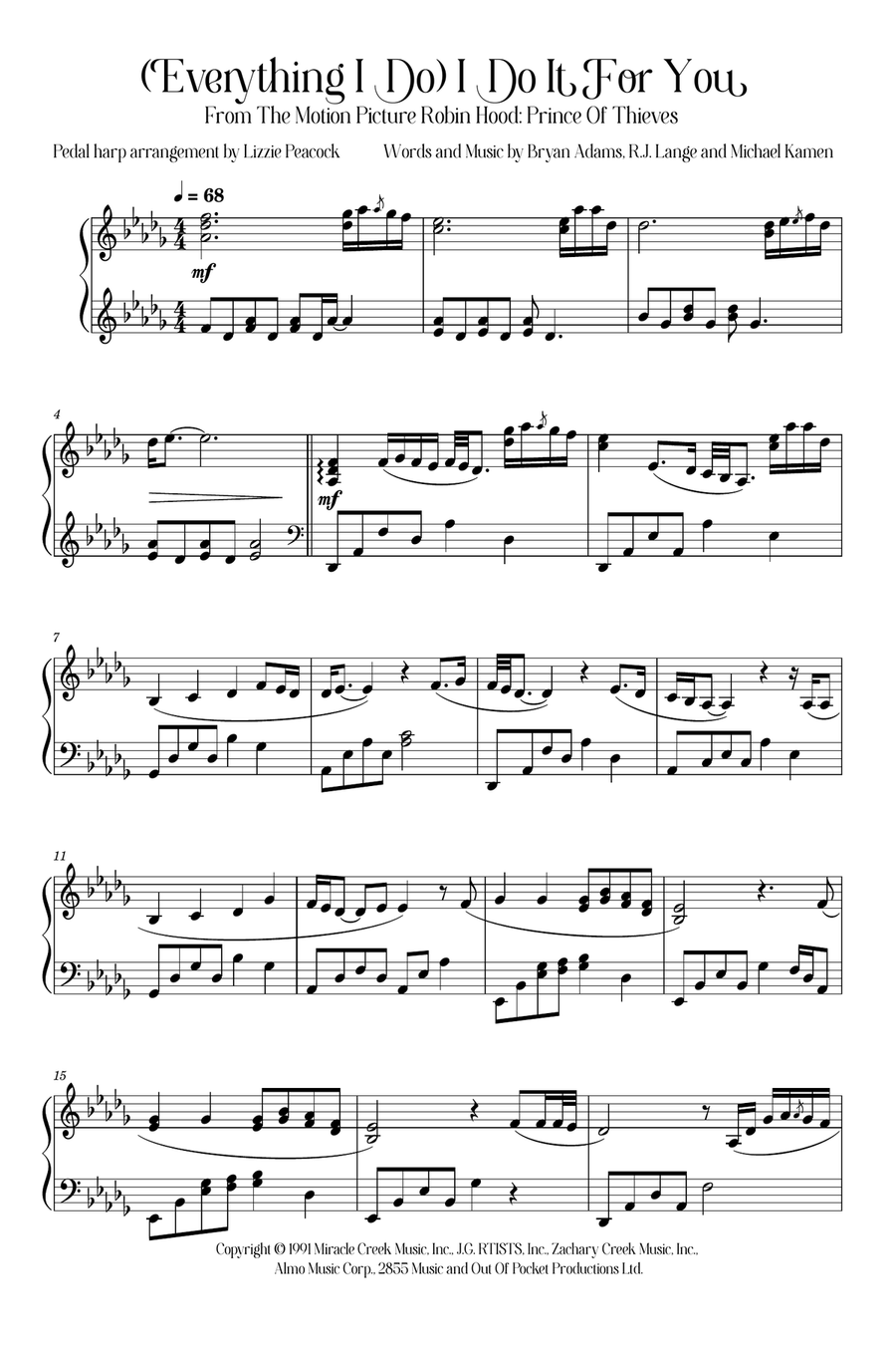 (Everything I Do) I Do It For You Pedal Harp scores gallery preview page 1