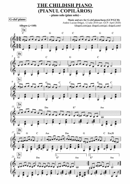 THE CHILDISH PIANO (PIANUL COPILĂROS) - arr. for G-clef piano/harp (GCP/GCH) (including lead sheet) image number null