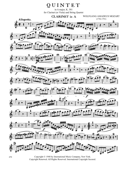 Quintet In A Major, K. 581 For Clarinet In A (Or Viola) & String Quartet