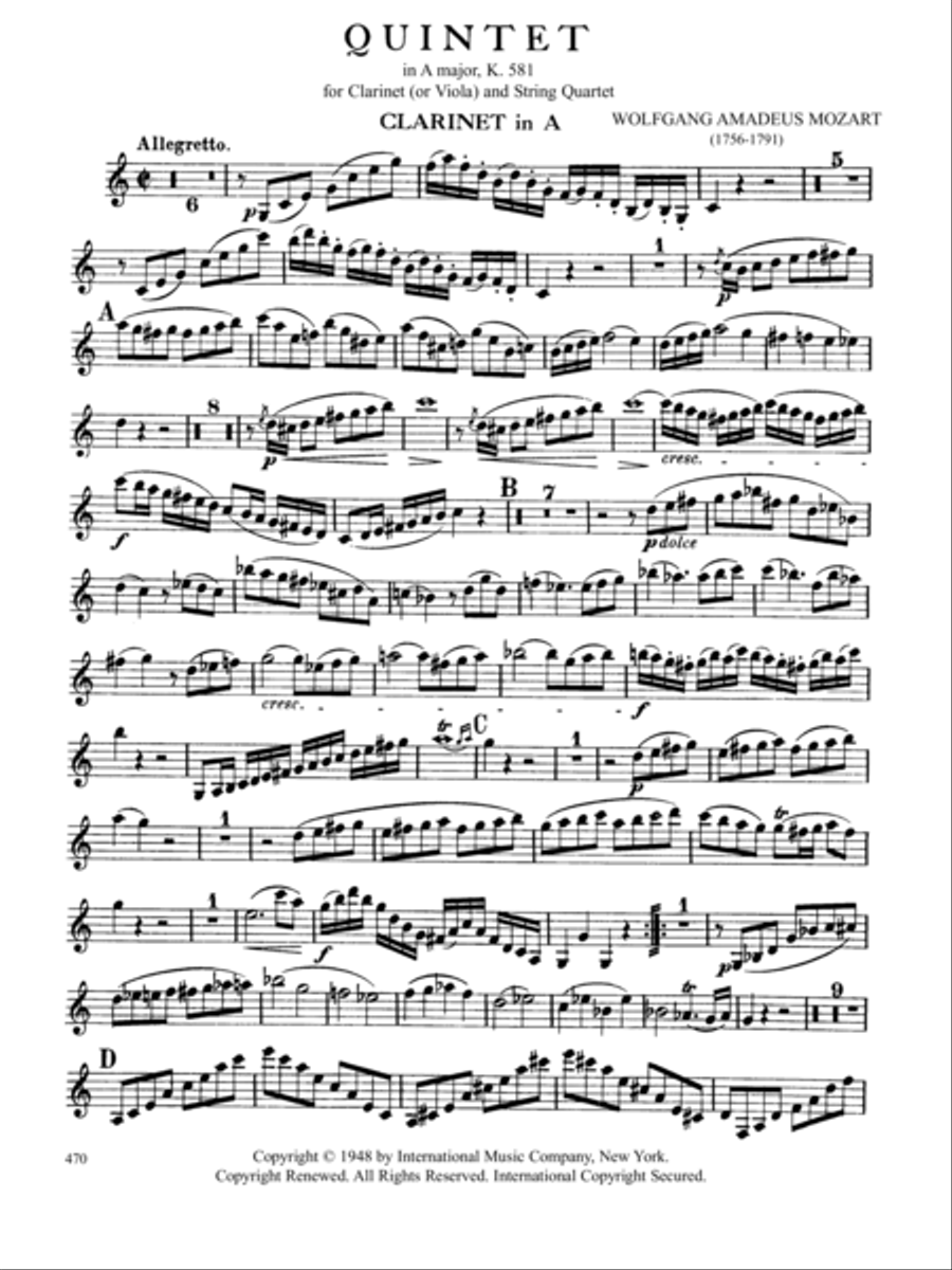 Quintet In A Major, K. 581 For Clarinet In A (Or Viola) & String Quartet Quintet In A Major, K. 581 For Clarinet In A (Or Viola) & String Quartet A Clarinet scores gallery preview page 2