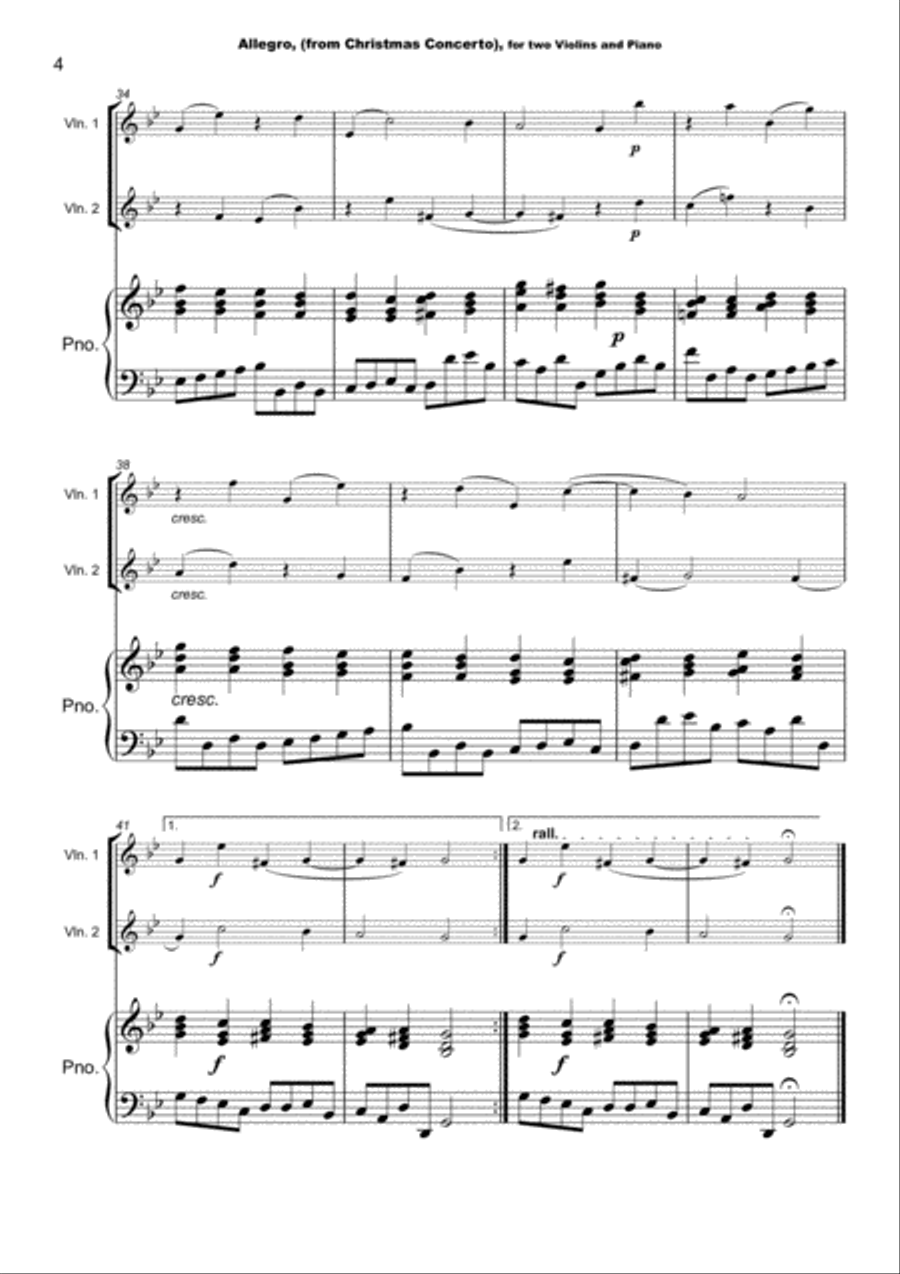 Christmas Concerto, Allegro, by Corelli; for Violin Duet or Solo, with optional Piano String Duet scores gallery preview page 5