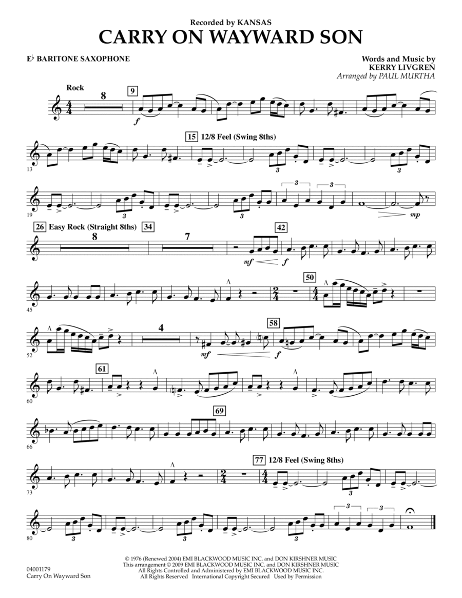 Carry On Wayward Son - Eb Baritone Saxophone Concert Band scores gallery preview page 1