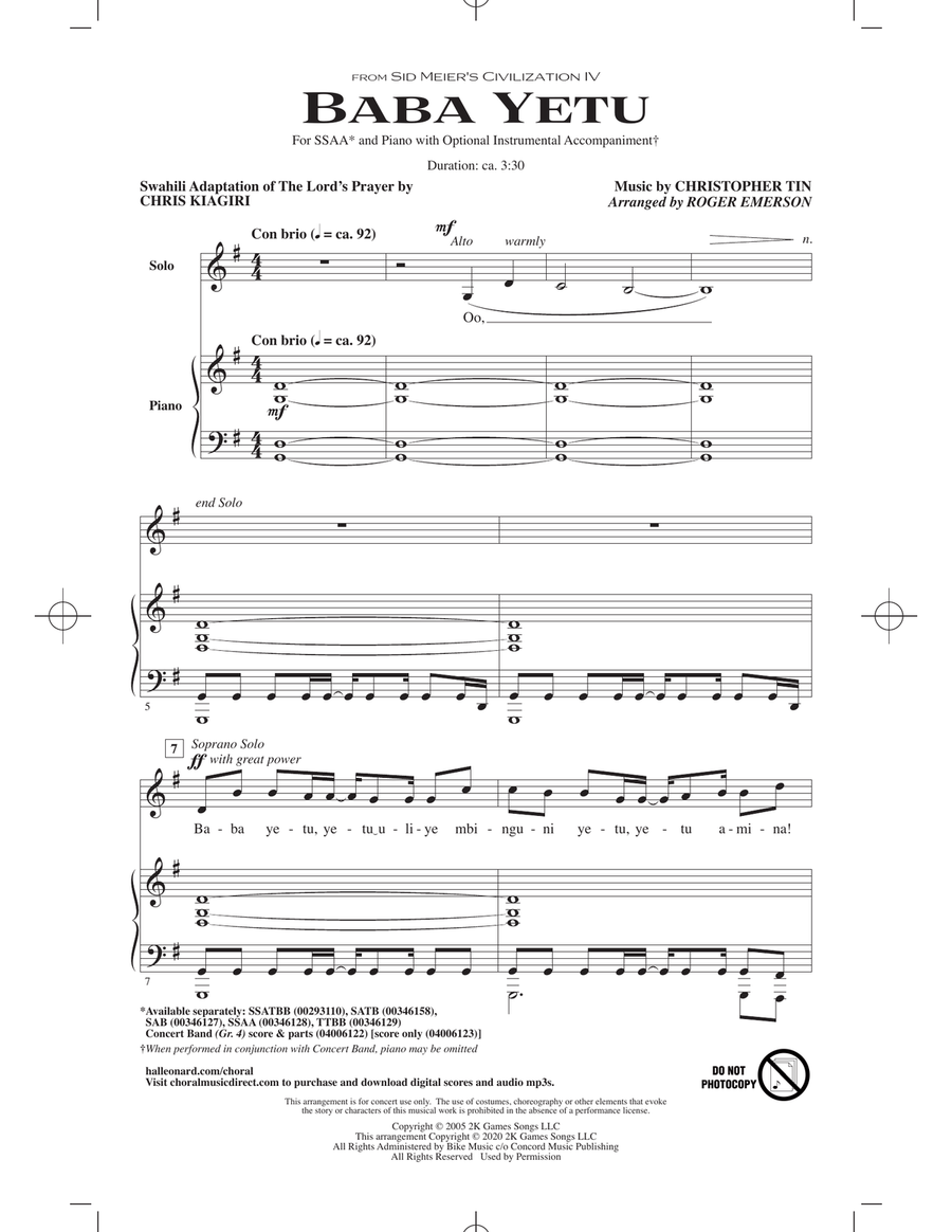 Baba Yetu (from Civilization IV) (arr. Roger Emerson) SSA scores gallery preview page 1
