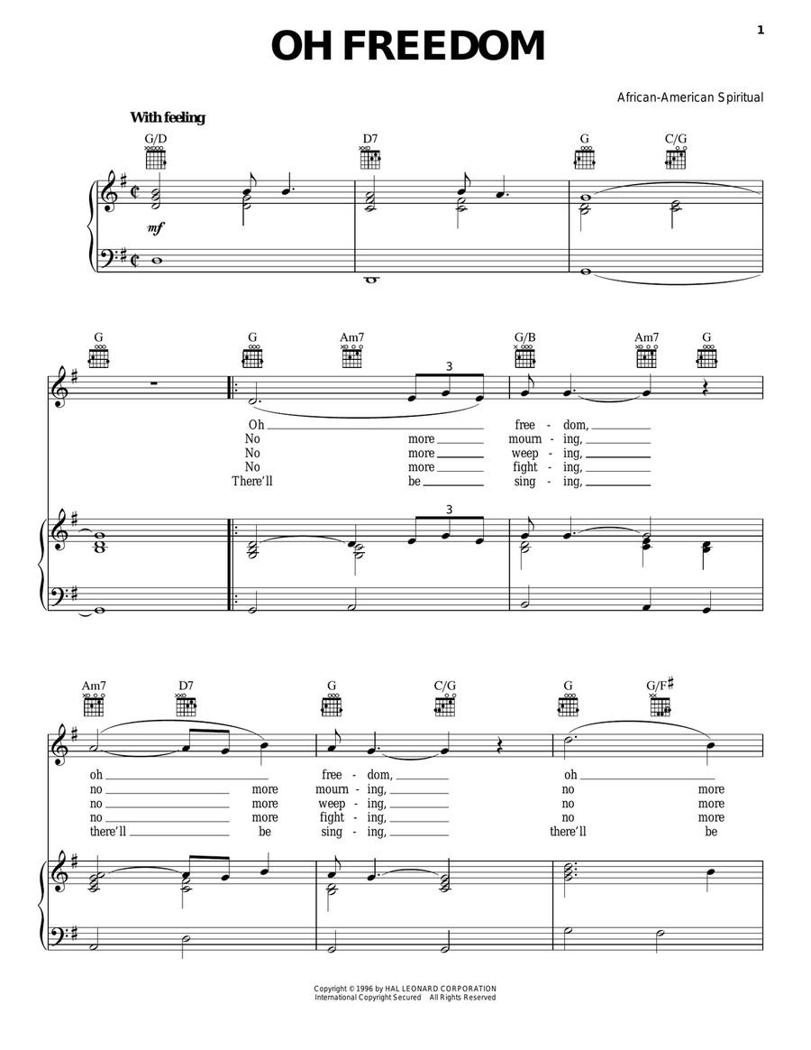 Oh Freedom Piano, Vocal, Guitar scores gallery preview page 1