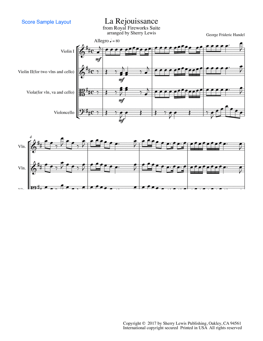 LA REJOUISSANCE from Royal Fireworks, String Trio, Intermediate Level for 2 violins and cello or vio String Trio scores gallery preview page 1