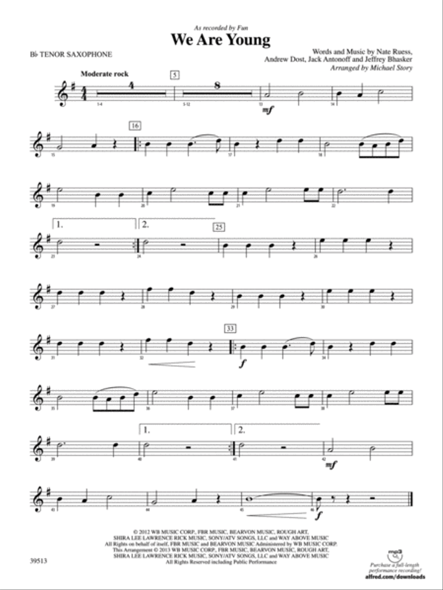 We Are Young: B-flat Tenor Saxophone Concert Band scores gallery preview page 1