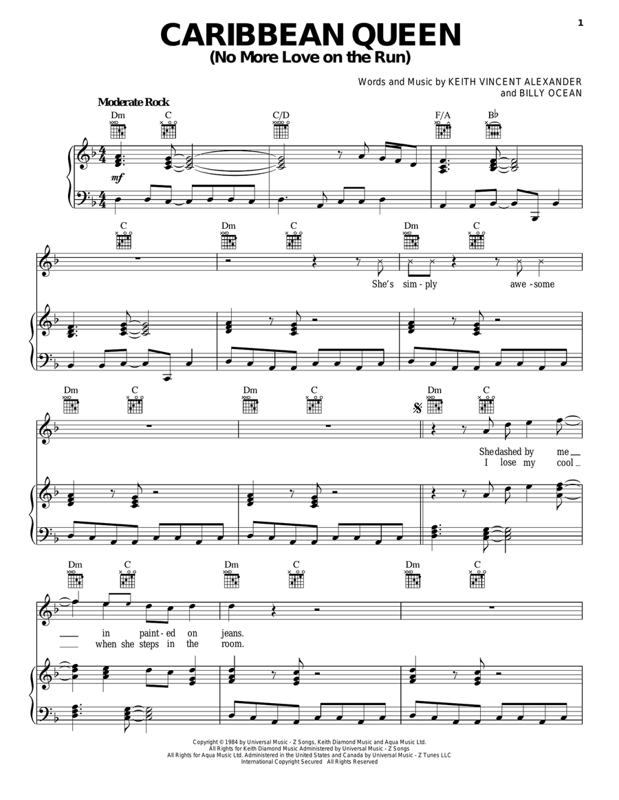 Caribbean Queen (No More Love On The Run) Piano, Vocal, Guitar scores gallery preview page 1