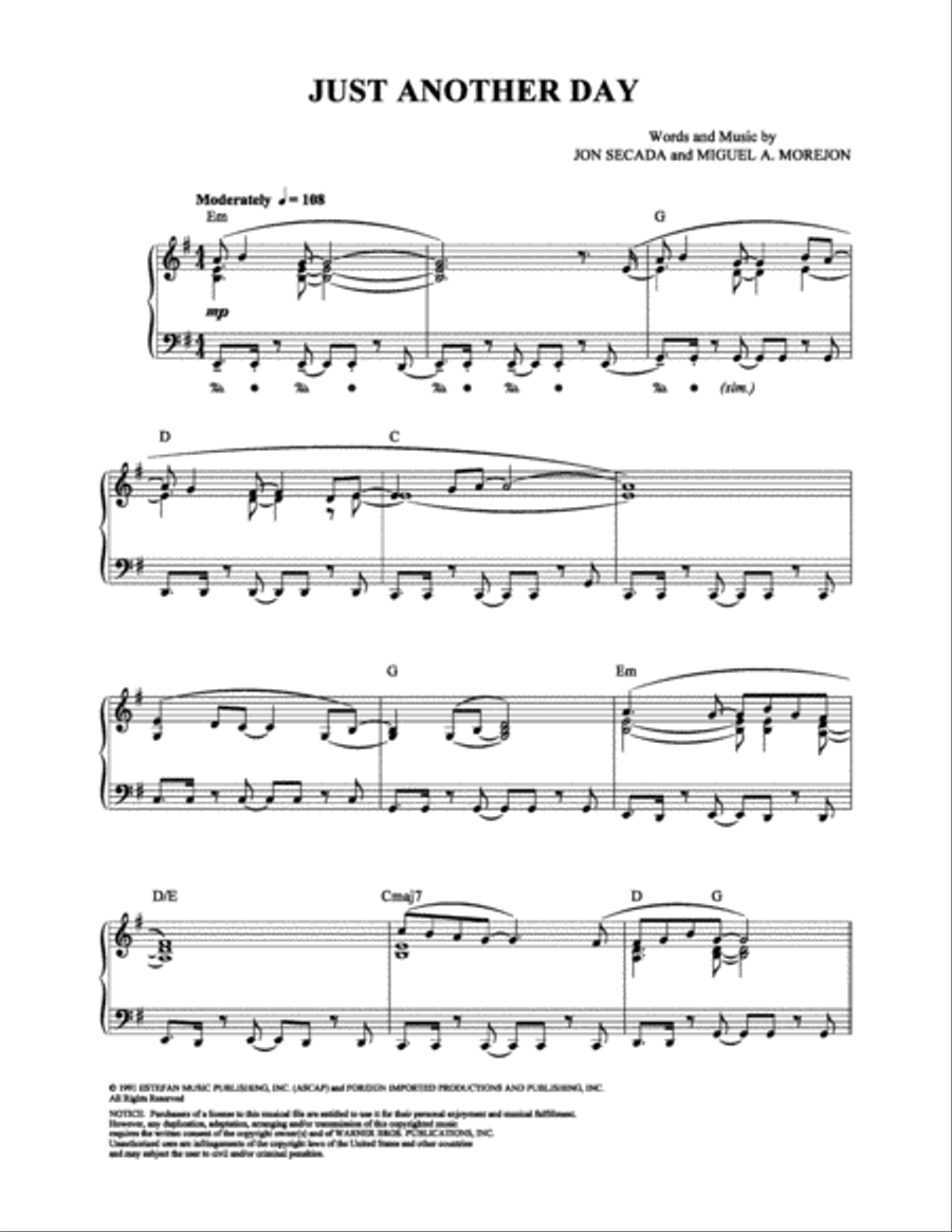 Just Another Day Piano, Vocal, Guitar scores gallery preview page 1