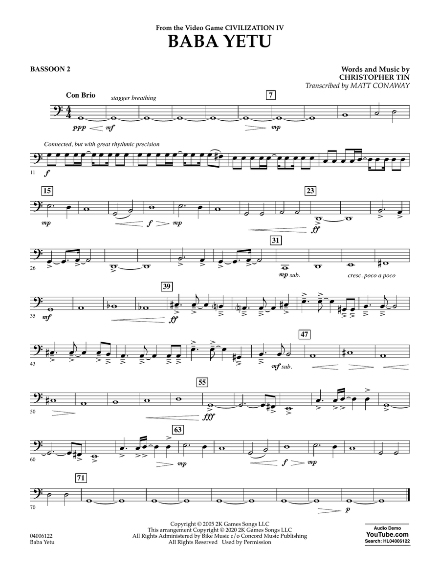 Baba Yetu (from Civilization IV) (trans. Matt Conaway) - Bassoon 2 Concert Band scores gallery preview page 1