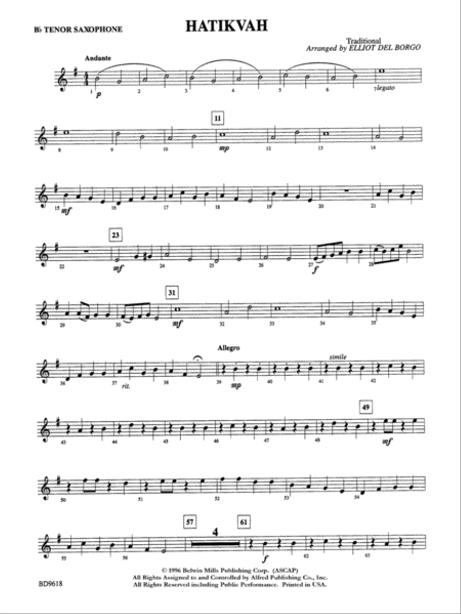 Hatikvah: B-flat Tenor Saxophone Concert Band scores gallery preview page 1