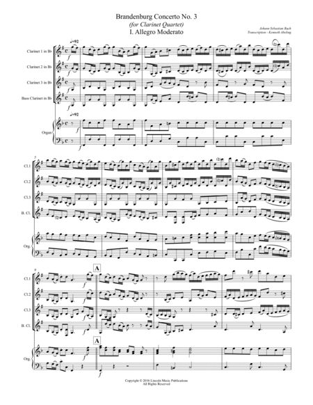 Bach - Brandenburg Concerto No. 3 (for Clarinet Quartet & Optional Organ) image number null