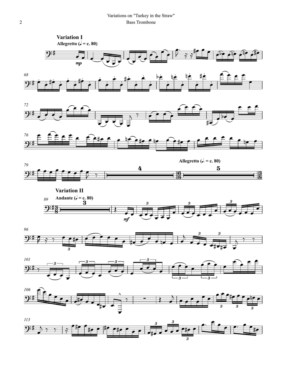 Variations on Turkey in the Straw for Bass Trombone & Piano Trombone scores gallery preview page 2