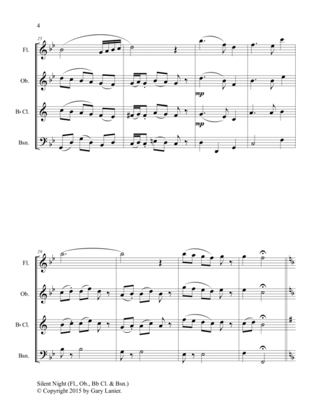 Gary Lanier: SILENT NIGHT - Woodwind Quartet (Flt, Ob, Bb Clr, Bsn - Score & Parts) image number null