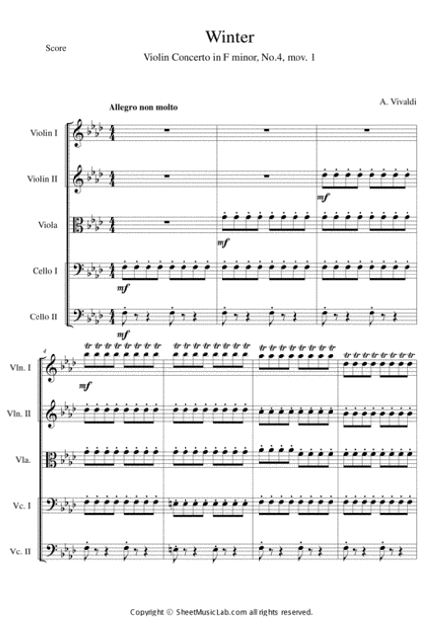 The Four Seasons - Winter 1st Movement Cello scores gallery preview page 1