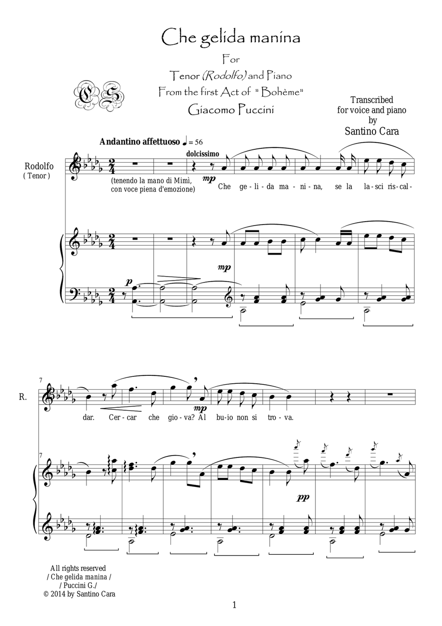 Puccini - La Bohème (Act1) Che gelida manina - Tenor and piano Voice Solo scores gallery preview page 1