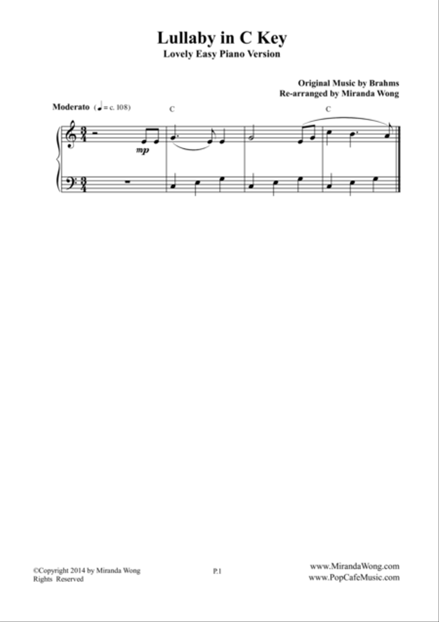 Lullaby - Piano Solo in C Key by Johannes Brahms 4-Part - Digital Sheet Music