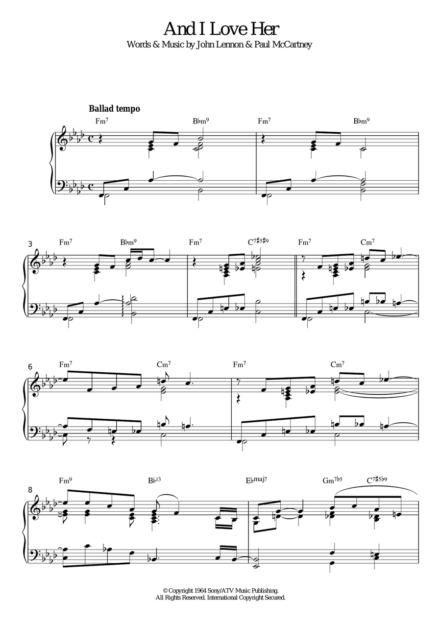 And I Love Her (jazz version) Piano Solo scores gallery preview page 1