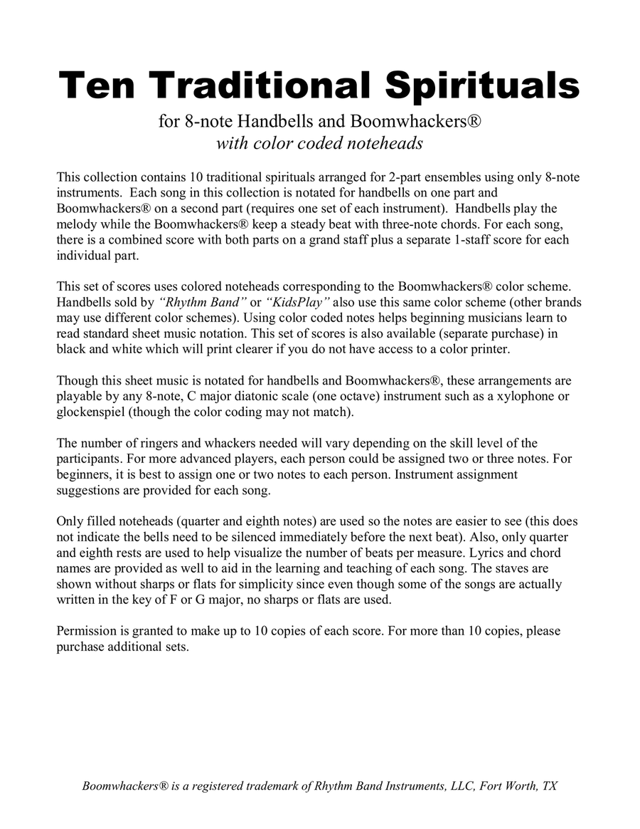 Ten Traditional Spirituals (for 8-note Bells and Boomwhackers with Color Coded Notes) Handbell Choir scores gallery preview page 3