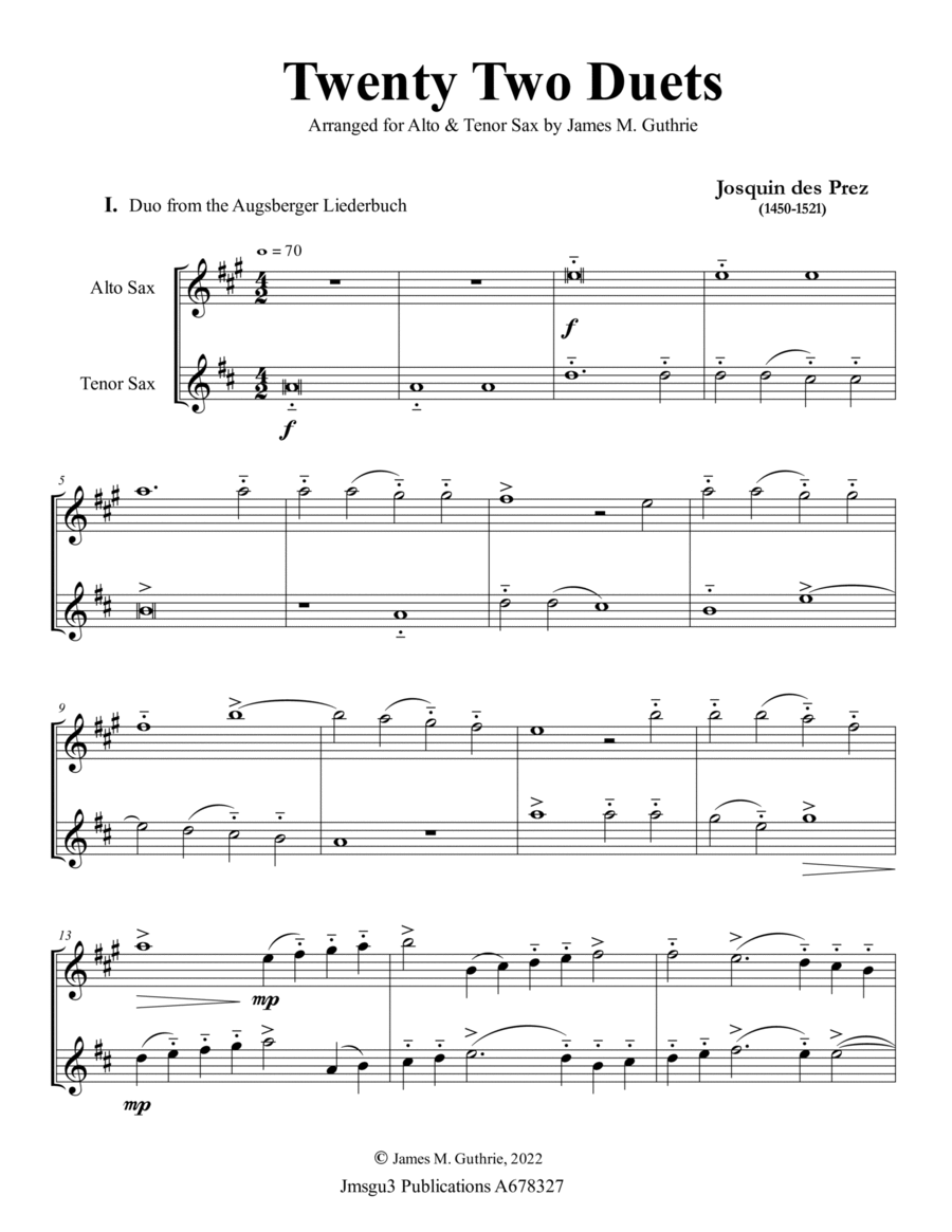 Josquin: 22 Duets for Alto & Tenor Sax Woodwind Duet scores gallery preview page 1