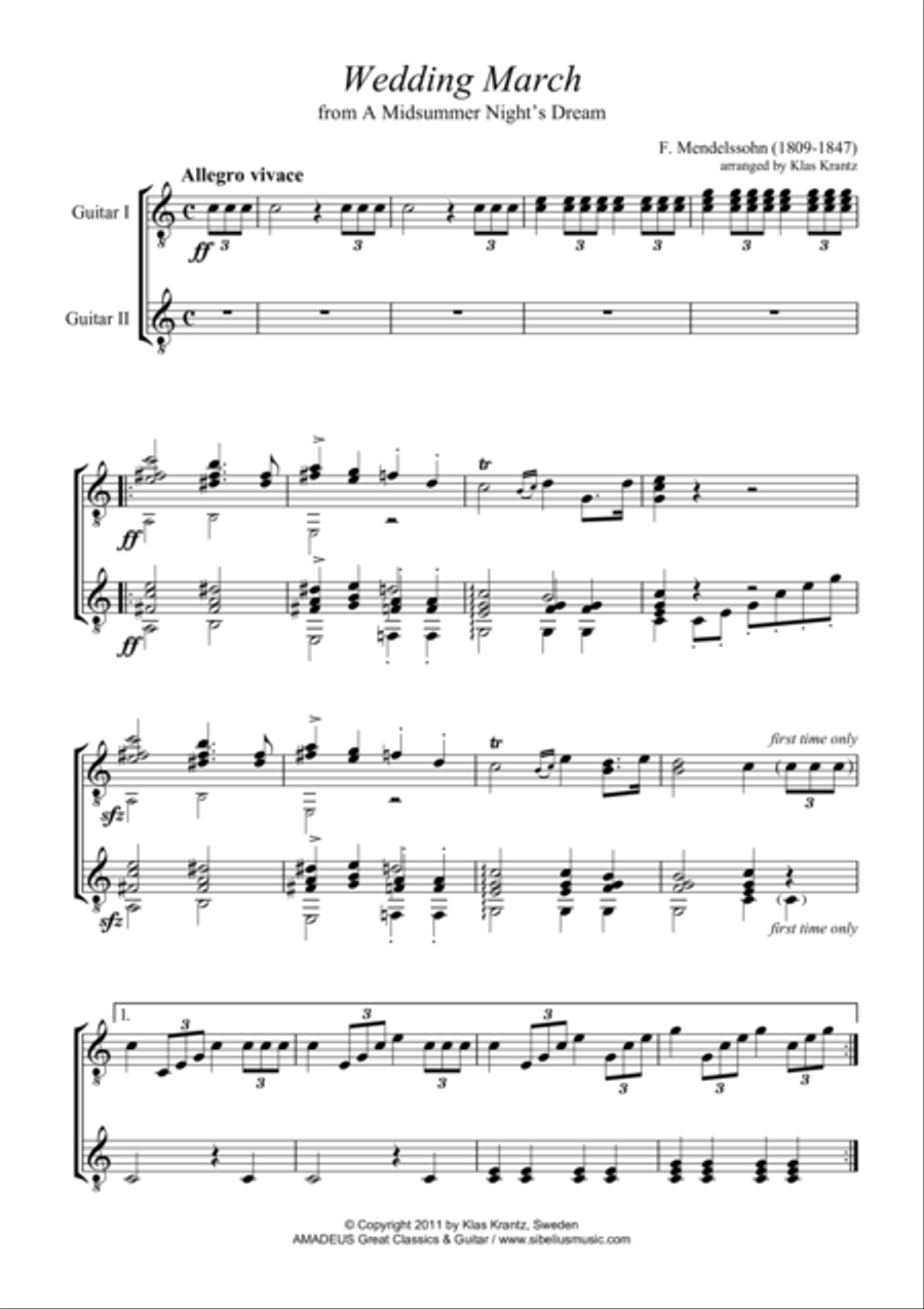 Wedding March for guitar duo Acoustic Guitar scores gallery preview page 1