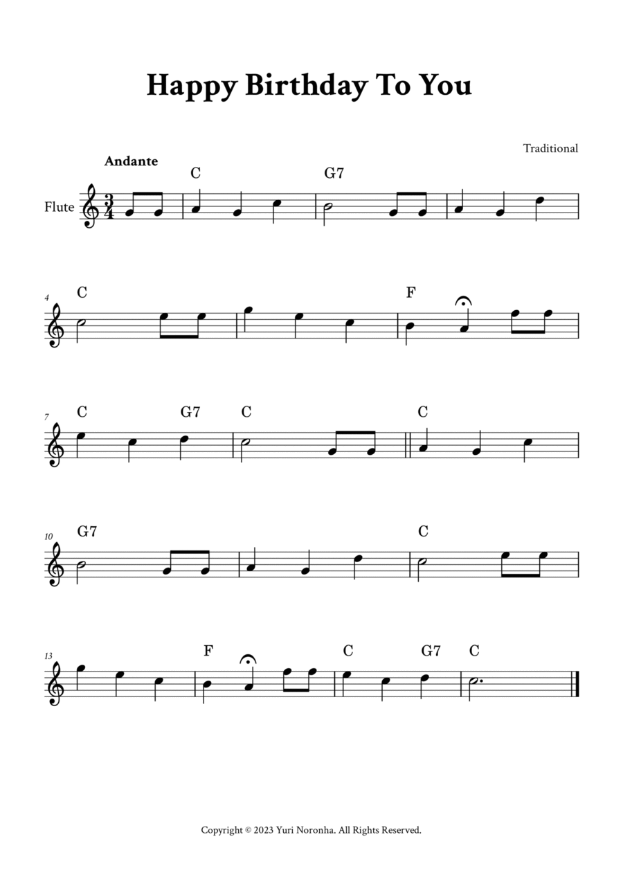 Happy Birthday To You - For Flute (C Major - with Chords) Flute Solo scores gallery preview page 1