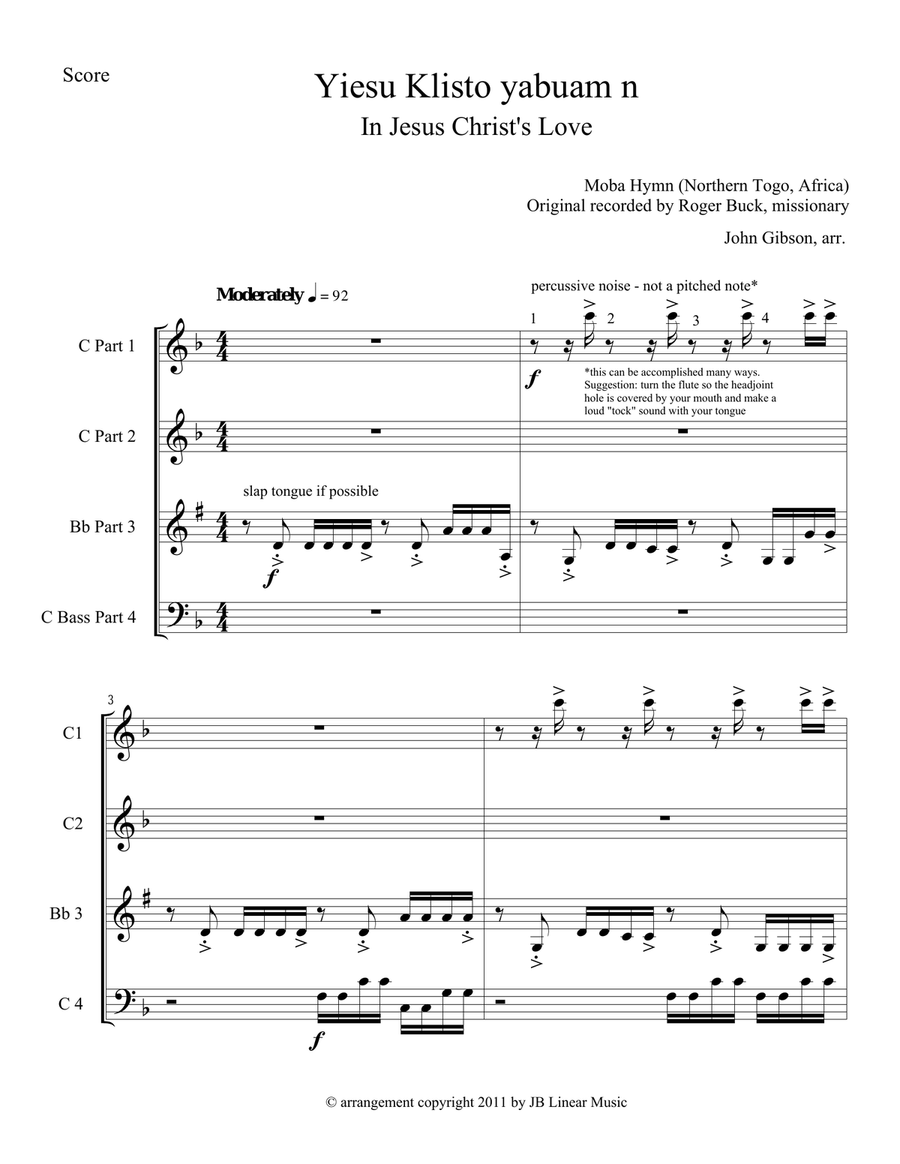 In Jesus Christ's Love - Hymn from Togo, Africa for 4 woodwinds Small Ensemble scores gallery preview page 1
