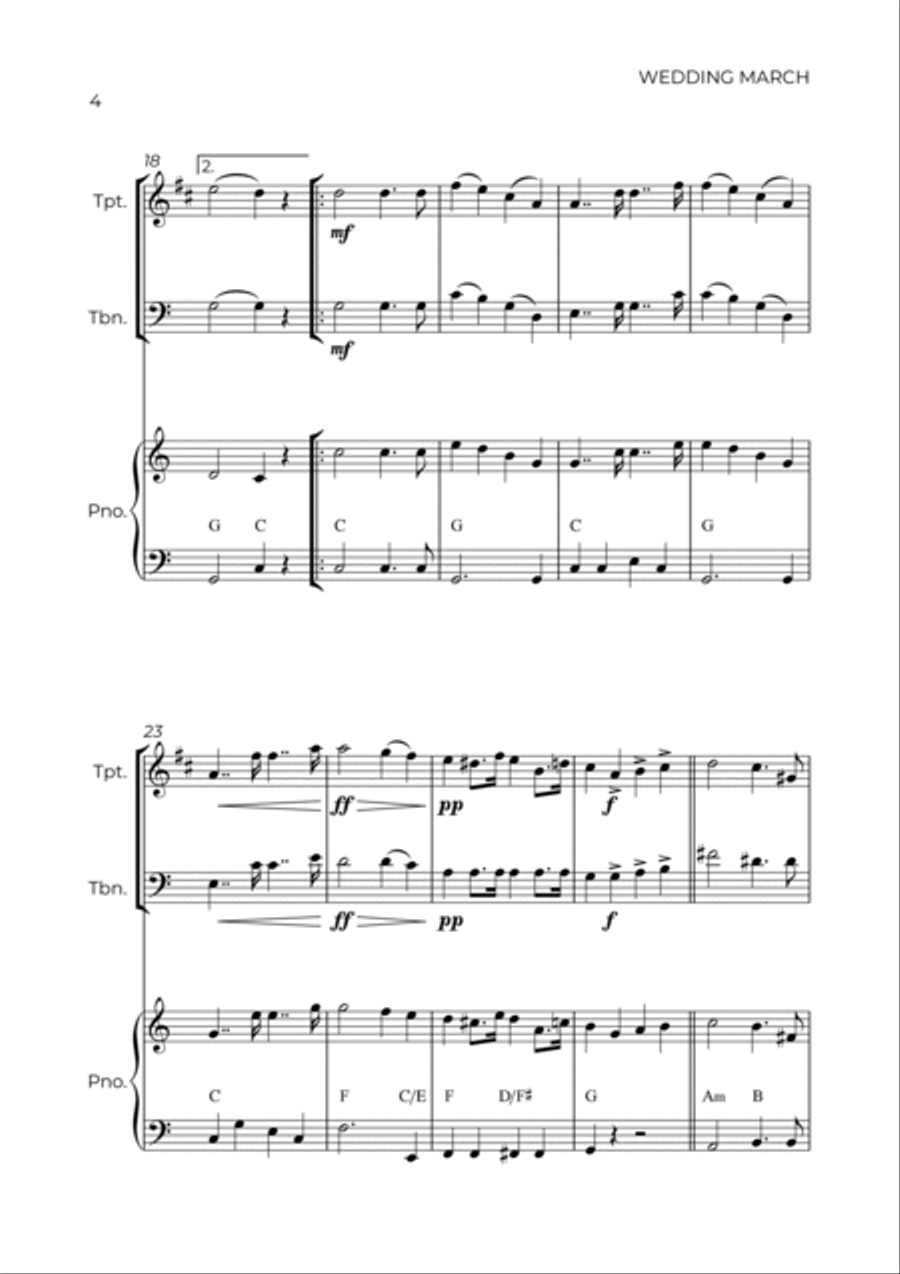 WEDDING MARCH - MENDELSSOHN - BRASS PIANO TRIO (TRUMPET, TROMBONE & PIANO) Brass Duet scores gallery preview page 4