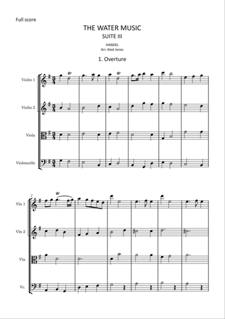 Handel - The Water Music - Suite III for String Quartet String Quartet scores gallery preview page 1