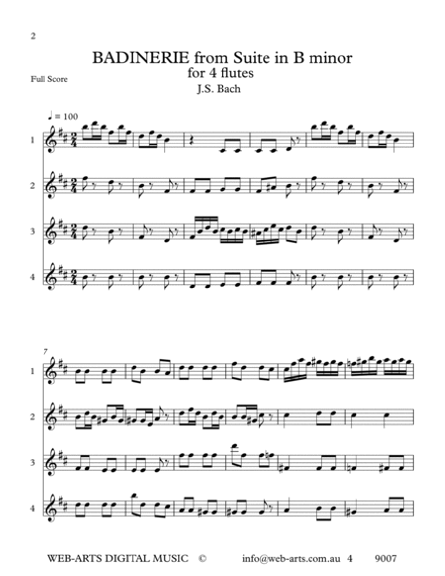 BADINERIE from Suite in B minor for 4 flutes (4 9007) - BACH + Flute Quartet scores gallery preview page 2
