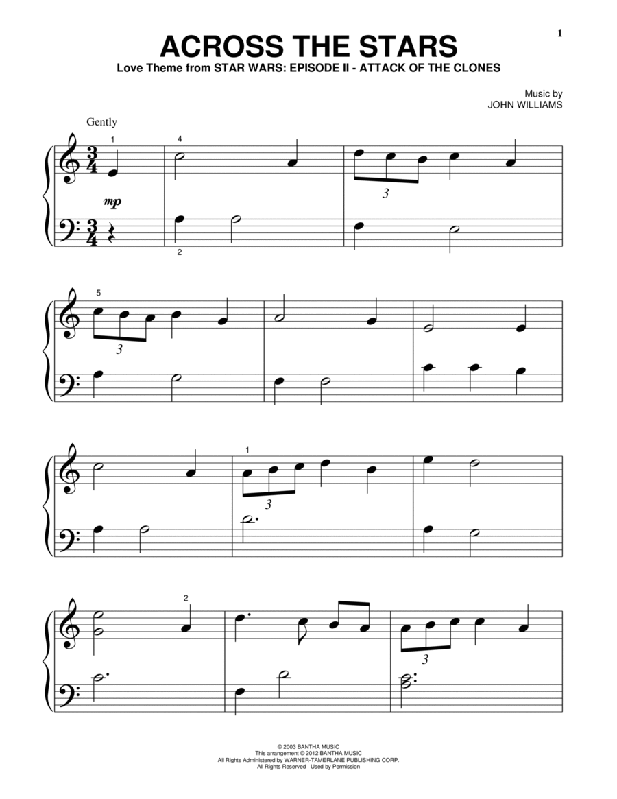 Across The Stars (from Star Wars: Attack of the Clones) Easy Piano scores gallery preview page 1