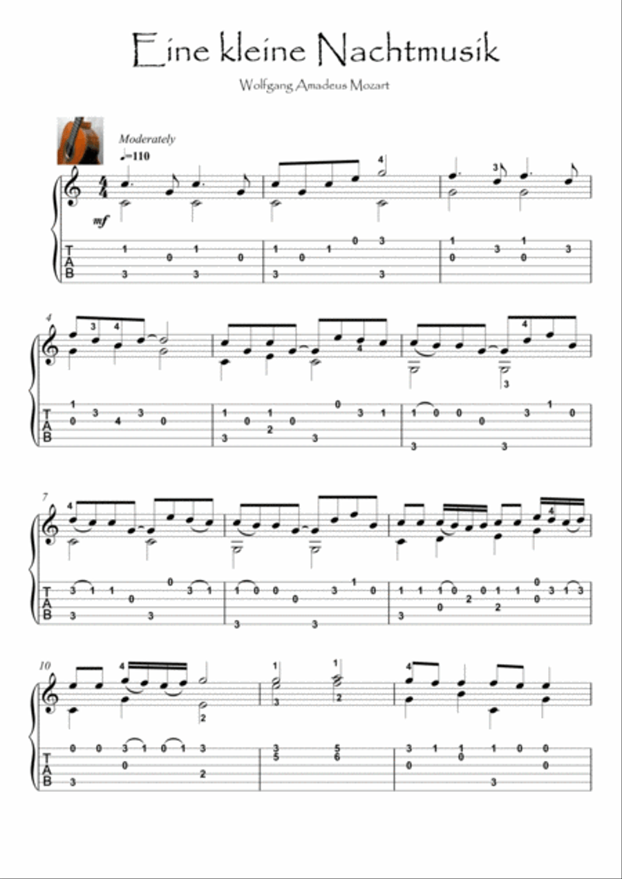Eine kleine Nachtmusik K525 by Mozart guitar solo Acoustic Guitar scores gallery preview page 1