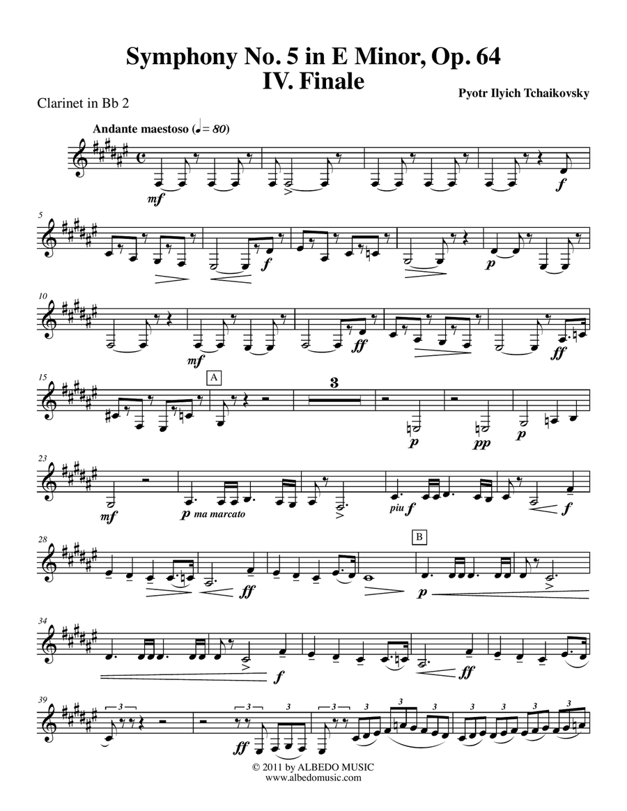 ‪Tchaikovsky‬ Symphony No. 5, Movement IV - Clarinet in Bb 2 (Transposed Part), Op. 64 B-Flat Clarinet scores gallery preview page 1