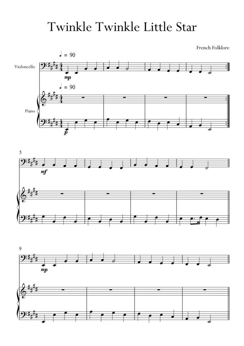 Twinkle Twinkle Little Star for Cello (Violoncello) and Piano in E Major. Very Easy. image number null