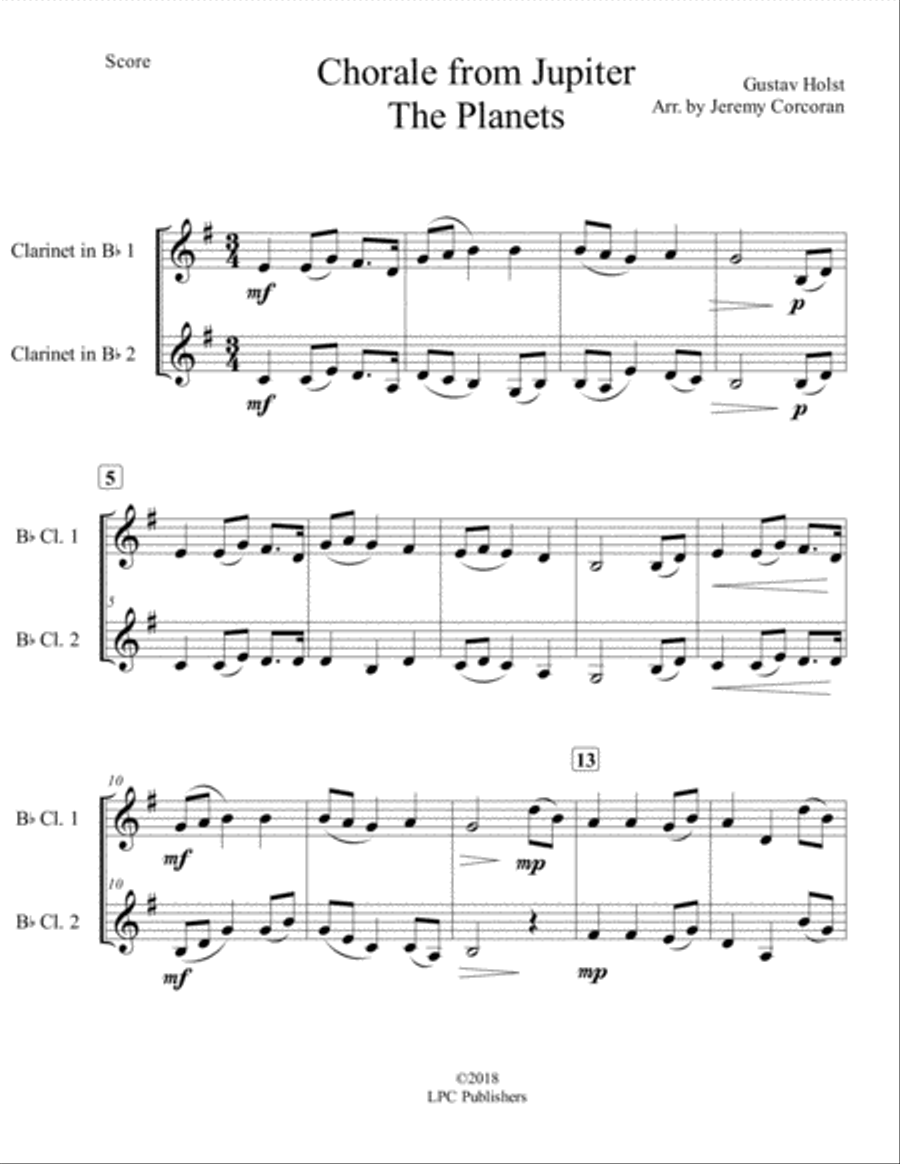 Chorale from Jupiter for Two Clarinets Clarinet Duet scores gallery preview page 2