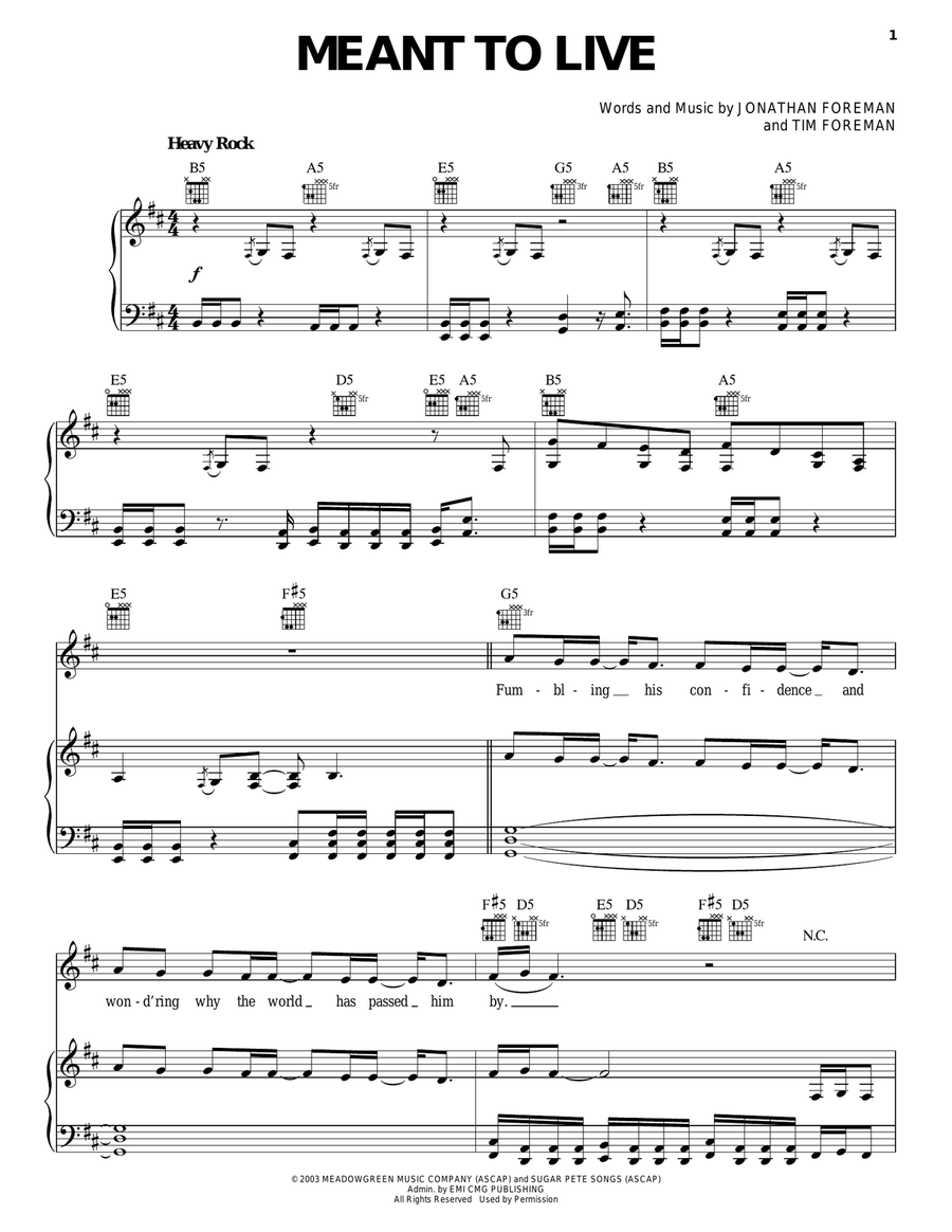 Meant To Live Piano, Vocal, Guitar scores gallery preview page 1