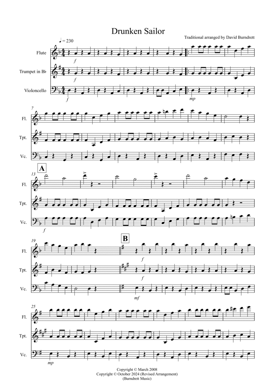 Drunken Sailor for Flute, Trumpet and Cello Trio Small Ensemble scores gallery preview page 1