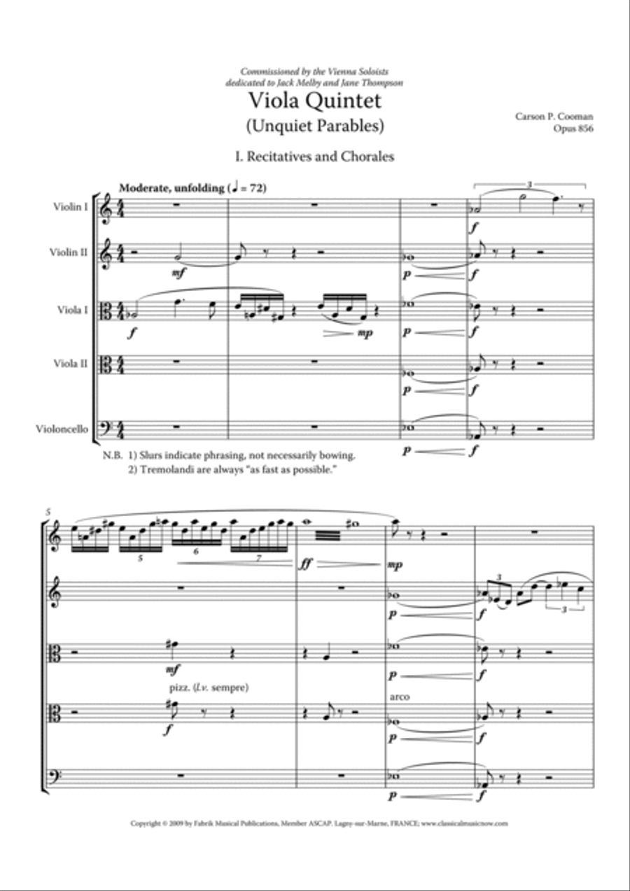 Carson Cooman - Viola Quintet (Unquiet Parables) (2009) for two violins, two violas and cello String Quintet scores gallery preview page 3