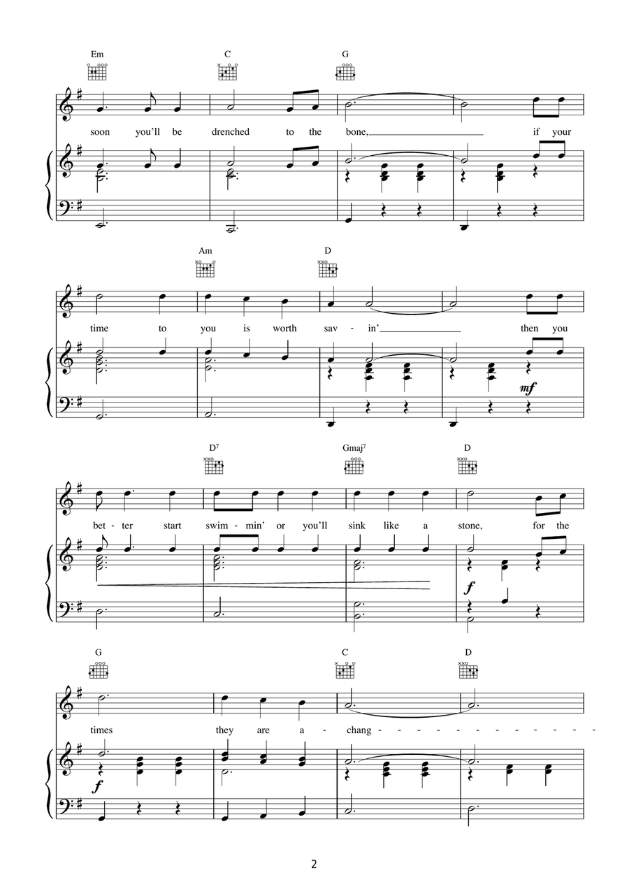 The Times They Are A-Changin' Piano, Vocal, Guitar scores gallery preview page 2