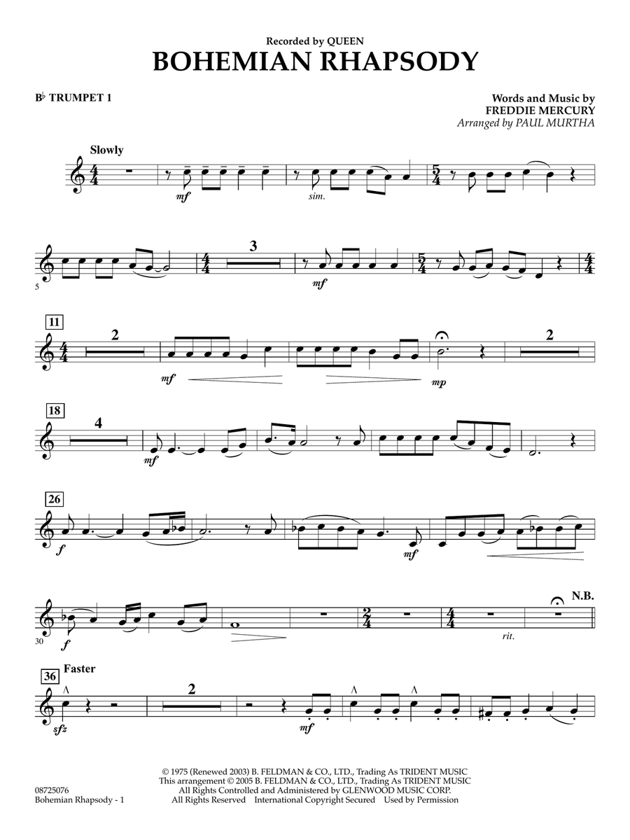 Bohemian Rhapsody (arr. Paul Murtha) - Bb Trumpet 1 Concert Band scores gallery preview page 1
