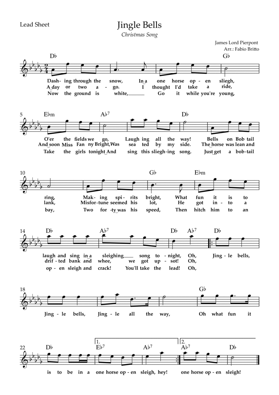 Jingle Bells (Christmas Song) Lead Sheet in Db Major Piano scores gallery preview page 1