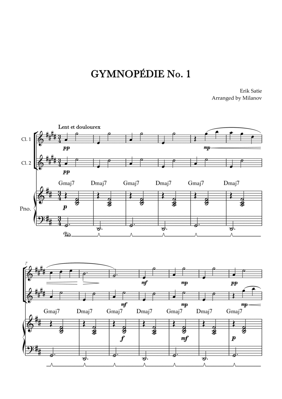 Gymnopédie no 1 | Clarinet in Bb Duet | Original Key | Chords | Piano accompaniment |Easy intermedia Clarinet Duet scores gallery preview page 1
