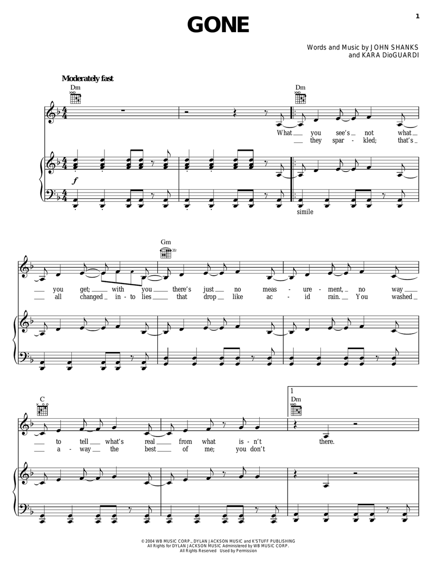 Gone Piano, Vocal, Guitar scores gallery preview page 1