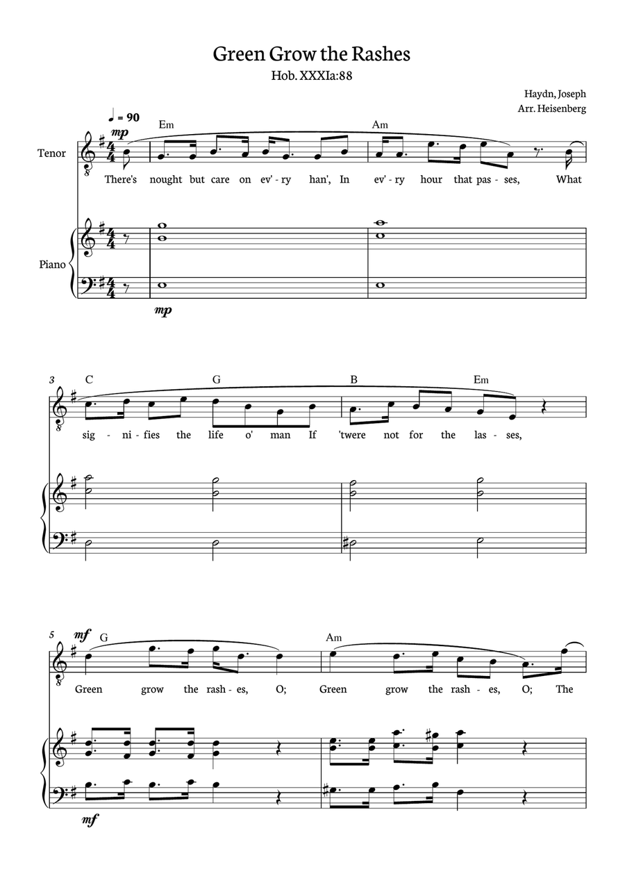 Joseph Haydn - Green Grow The Rashes for Tenor with Piano and chords in E minor. Piano, Vocal scores gallery preview page 1