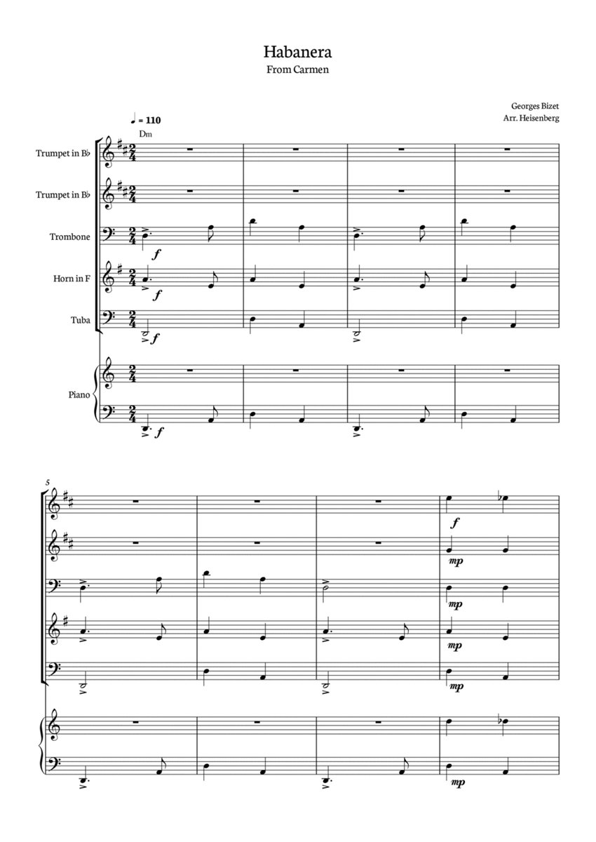 Habanera - Carmen - Georges Bizet, for Brass Quintet in a easy version with piano and chords image number null
